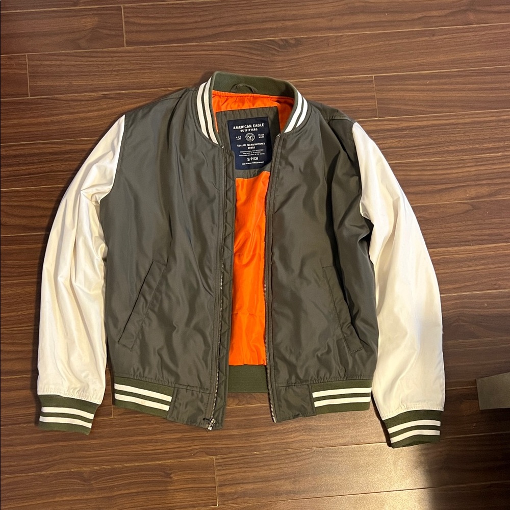 American Eagle Outfitters Olive Green and White Bomber Jacket